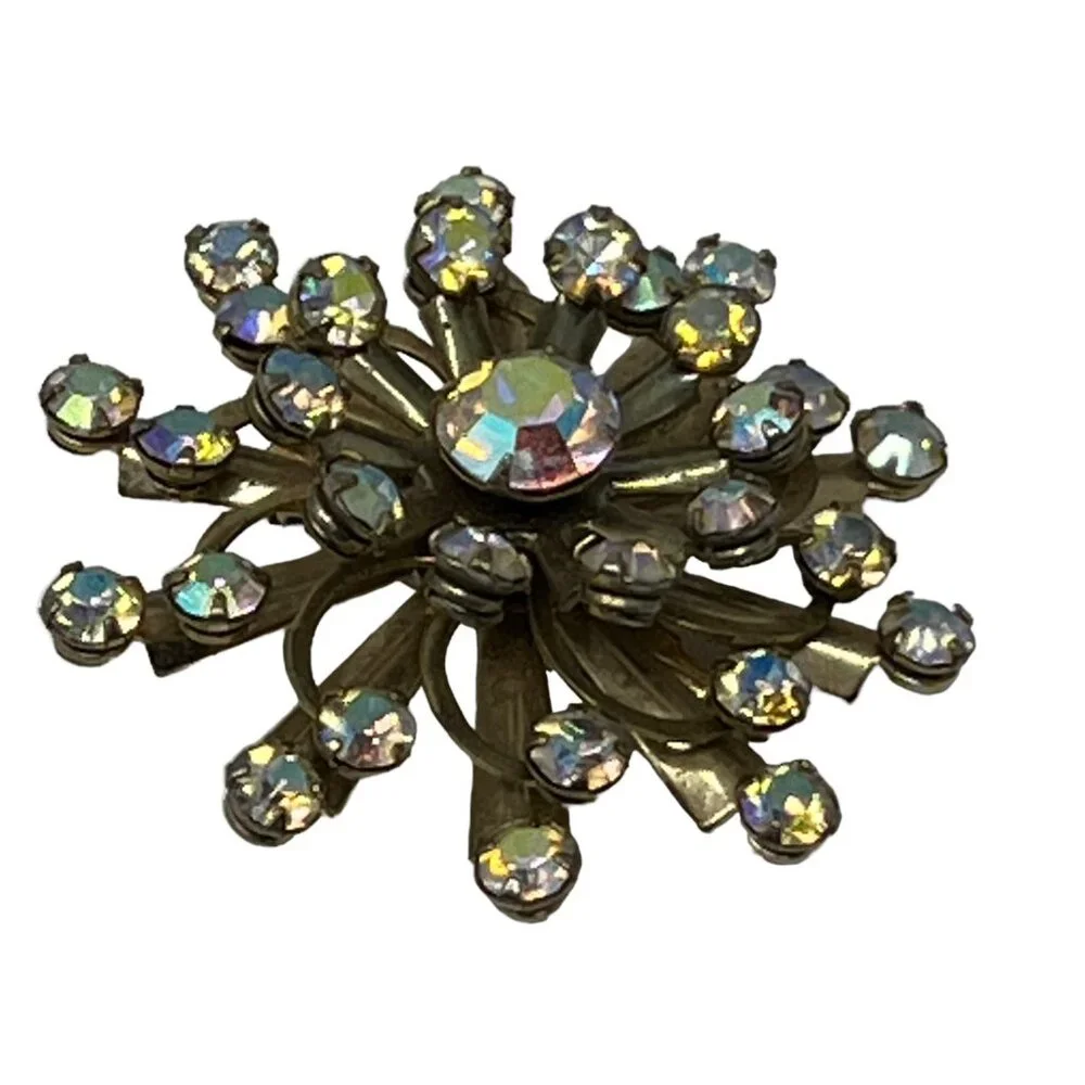 Snowflake Brooch AB Stones Gold‎ Tone Aurora Borealis Flower Vintage Pin